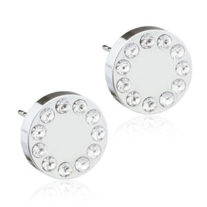 Latched & Bloom A pair of Brilliance Puck Crystal Stud Earrings -8mm with multiple inset clear crystals, shown against a white background. Pediatric and Postpartum Care