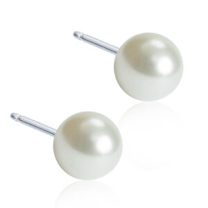 Latched & Bloom A pair of White Pearl Stud Earrings- 5mm with silver posts, isolated on a white background. Pediatric and Postpartum Care