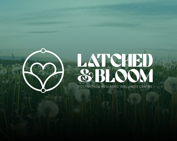 Latched & Bloom Logo of "latched & bloom, postnatal & pediatric wellness centre" over an image of a dandelion field at dusk. Pediatric and Postpartum Care