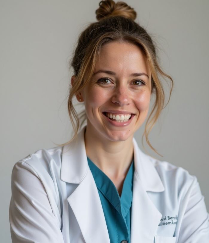 Latched & Bloom A woman in a white lab coat and teal scrubs smiles at the camera. Pediatric and Postpartum Care